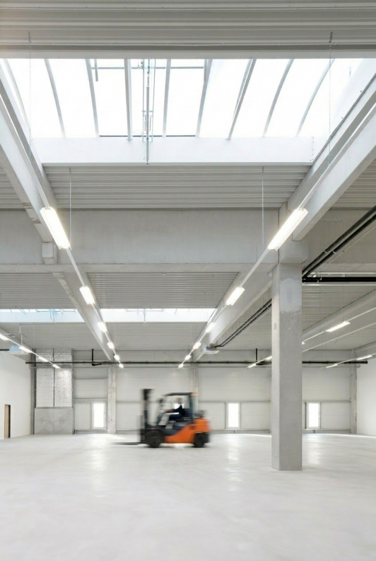 Flexible Produktions- und Logistikhalle mit stützenarmer Konstruktion, Tageslichtbändern und effizienter Industriearchitektur im Airline-Catering- und Logistikzentrum der SCK BBI Immobilien GmbH & Co. KG in Berlin-Schönefeld. Bauherr: SCK BBI Immobilien GmbH & Co. KG. Ort: Berlin-Schönefeld. Geplant und umgesetzt von arc+ GmbH Freudenstadt.